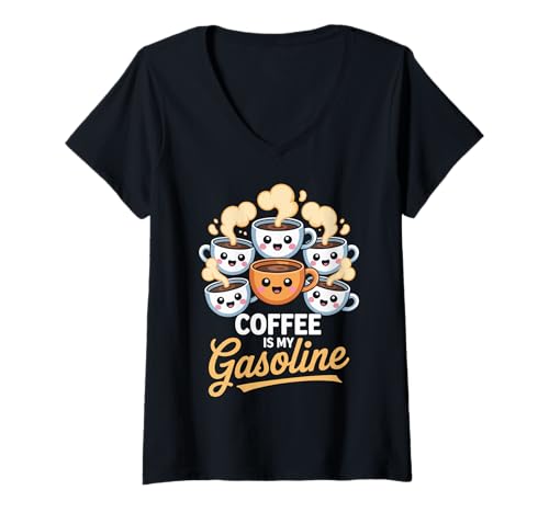 Damen Lustiger Spruch Kaffee ist Mein Benzin Energy Drink Damen Herren T-Shirt mit V-Ausschnitt von Caffeine Humor Kawaii Mug Morning Mom Dad Novelty
