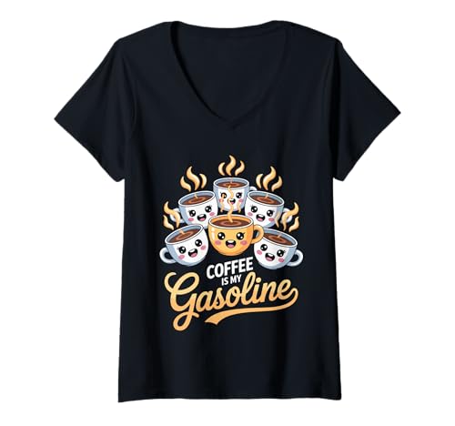 Damen Lustiger Spruch Kaffee ist Mein Benzin Energy Drink Damen Herren T-Shirt mit V-Ausschnitt von Caffeine Humor Kawaii Mug Morning Mom Dad Novelty