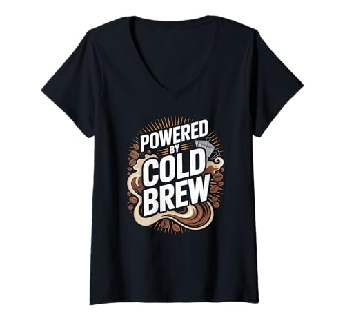 Damen Angetrieben von Cold Brew Coffee Enthusiasten T-Shirt mit V-Ausschnitt von Caffeine Lovers Morning Energy Boost