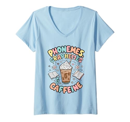 Damen Phonemes Graphemes and Coffein Lover for Reading Teachers T-Shirt mit V-Ausschnitt Damen Phonemes Graphemes and Coffein Lover for Reading Teachers T-Shirt mit V-Ausschnitt von Caffeine Lovers Phonemes Graphemes School Apparel