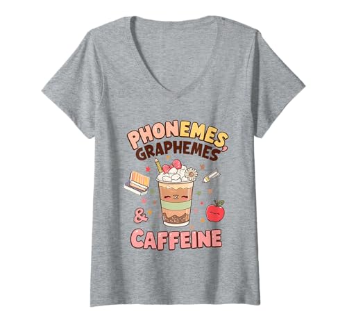 Damen Phonemes Graphemes and Coffein Lover for Reading Teachers T-Shirt mit V-Ausschnitt Damen Phonemes Graphemes and Coffein Lover for Reading Teachers T-Shirt mit V-Ausschnitt von Caffeine Lovers Phonemes Graphemes School Apparel