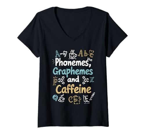 Damen Phonemes Graphemes and Coffein Lover for Reading Teachers T-Shirt mit V-Ausschnitt Damen Phonemes Graphemes and Coffein Lover for Reading Teachers T-Shirt mit V-Ausschnitt von Caffeine Lovers Phonemes Graphemes School Apparel