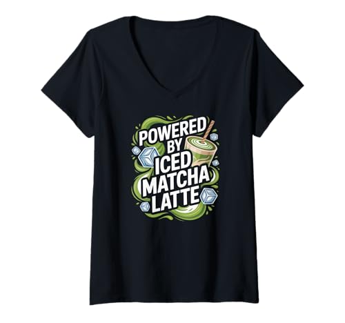 Damen Angetrieben von Iced Matcha Latte T-Shirt mit V-Ausschnitt Damen Angetrieben von Iced Matcha Latte T-Shirt mit V-Ausschnitt von Caffeine Matcha Enthusiasts Iced Beverage Lovers