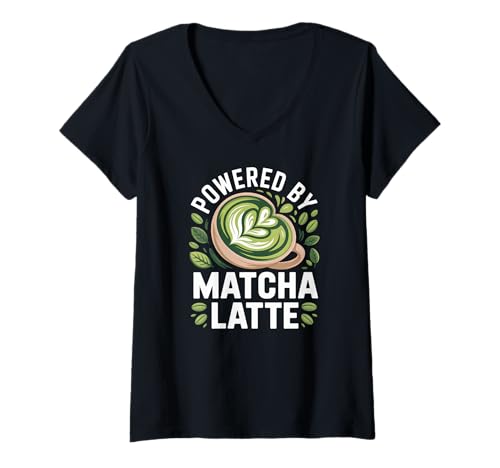 Damen Angetrieben von Matcha Latte mit Blattkunst T-Shirt mit V-Ausschnitt Damen Angetrieben von Matcha Latte mit Blattkunst T-Shirt mit V-Ausschnitt von Caffeine Matcha Tea Enthusiasm Energy Boost