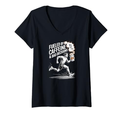 Damen High Energy Coffee Zitat mit Jogger Fueled by Coffein T-Shirt mit V-Ausschnitt Damen High Energy Coffee Zitat mit Jogger Fueled by Coffein T-Shirt mit V-Ausschnitt von Caffeine Workout Apparel Gifts by Anastasia