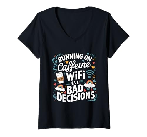 Damen Running on Coffein WiFi and Bad Decisions Funny Coffee Love T-Shirt mit V-Ausschnitt Damen Running on Coffein WiFi and Bad Decisions Funny Coffee Love T-Shirt mit V-Ausschnitt von Caffeine and WiFi Humor Designs