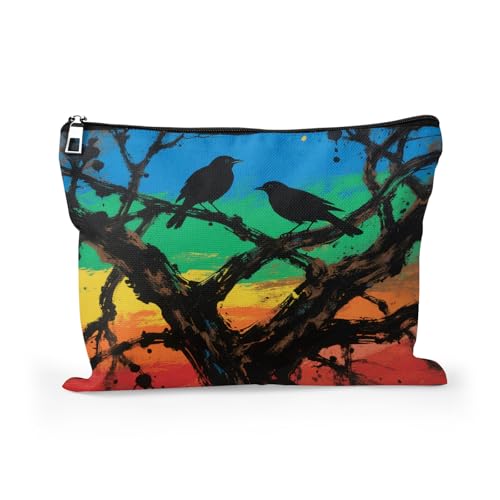 Cafl Make-up-Tasche, Kosmetiktasche für Damen und Mädchen, großes Fassungsvermögen, tragbarer Reise-Organizer, 25,4 x 20,3 cm, Amselpaar sitzend auf Ästen von Cafl