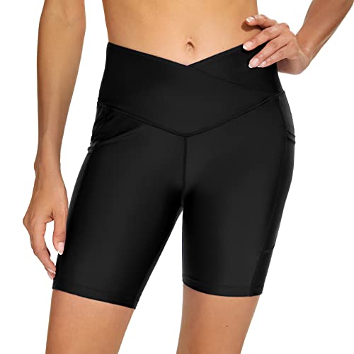 Cagola Badeshorts für Damen, 17,8 cm, Bademode, Bauchkontrolle, Badeshorts, gekreuzte hohe Taille, Badeanzug, Hosen, Taschen, Schwarz, Medium von Cagola