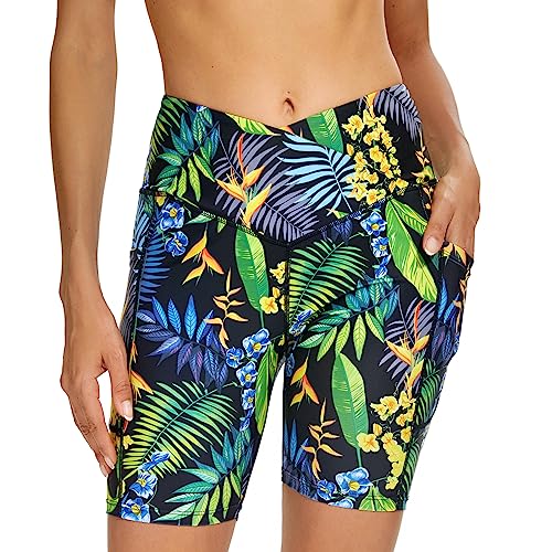 Cagola Badeshorts für Damen, Bauchkontrolle, lange Board-Shorts, Badeanzug-Shorts, überkreuzt, hohe Taille, Badeanzughose, Grünes Blatt, Medium von Cagola