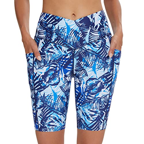 Cagola Badeshorts für Damen, Bauchkontrolle, lange Boardshorts, Badeanzug, Shorts, gekreuzte hohe Taille, Badeanzughose, Blaues Blatt, S von Cagola