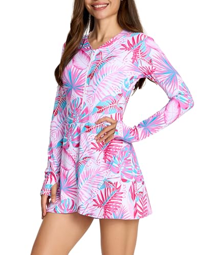 Cagola Langarm-Badeanzüge für Damen, LSF 50+, Badekleid, Bademode, einteiliger Badeanzug mit Röcken, Rashguard über 50, Pink Leaf, S von Cagola