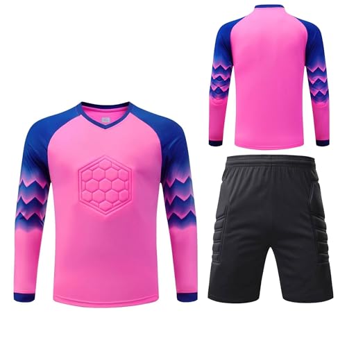 Torwart Trikots für Erwachsene Torwarttrikot Herren Kinder Fußball Torwarttrikot Set Personalisieren Tormann Trikot Torwart Langarm Training Sport Shirt(PINK Shirt+Shorts,M) von CaiHmnsa