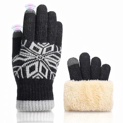 Damen Winterhandschuhe mit Fleecefutter Thermo Winterhandschuhe Herren Dicke Warm Touchscreen-Handschuhe Gedehnt Dicke Strickhandschuhe Thermohandschuhe Winter Geschenke für Herren und Damen-Schwarz von CaiJianYuLin