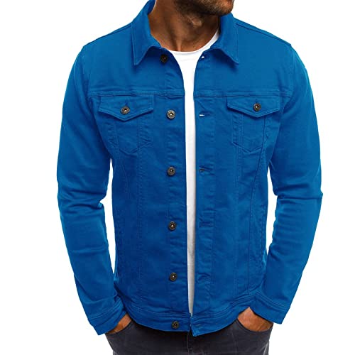 Caidi Herren Jeansjacke, Slim Fit, kurz, Freizeit, einfarbig, einfacher Mantel, Jacke, Denim, lässig, einfacher Mantel, Trainingsanzug, Knopf, Reverskragen (L, blau) von Caidi