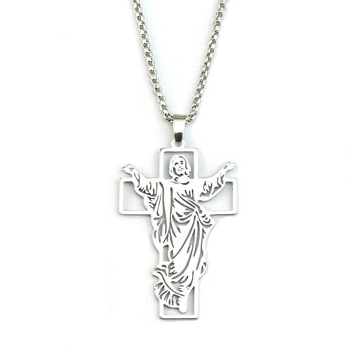 Caiduoduo Christliche Edelstahl Jesus CrossHollow Design Anhänger Halskette für Männer Frauen Religiöse Amulette Party Schmuck Geschenke von Caiduoduo