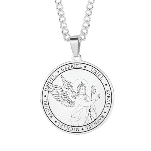 Caiduoduo Classic Seven Angel Pendant Religious Stainless Steel Men's Necklace Titanium Steel Round Angel Wing Medal Jewelry Gift von Caiduoduo