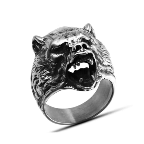 Caiduoduo Dominante Herren Bärenkopf Slawischer Ring Punk Tier Edelstahl Biker Ringe für Männer Nordisches Amulett Schmuck von Caiduoduo