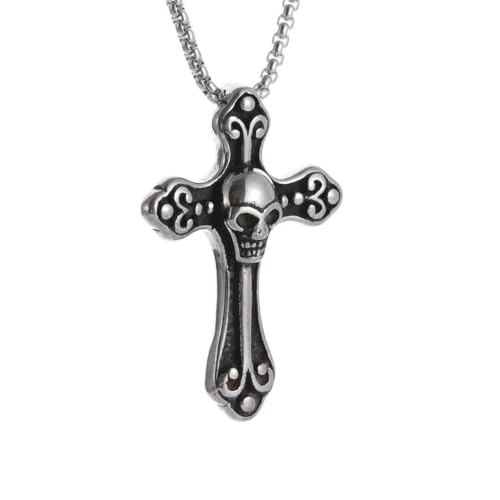 Caiduoduo Edelstahl Gothic Totenkopf Kreuz Anhänger Halskette für Männer Frauen Vintage Punk Schmuck Christliche Religion Amulett Geschenk von Caiduoduo