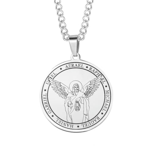 Caiduoduo Klassische sieben Engel Anhänger Religiöse Edelstahl Herren Halskette Titan Stahl Runde Engel Flügel Medaille Schmuck Geschenk von Caiduoduo