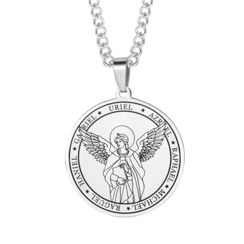 Caiduoduo Klassische sieben Engel Anhänger Religiöse Edelstahl Herren Halskette Titan Stahl Runde Engel Flügel Medaille Schmuck Geschenk von Caiduoduo