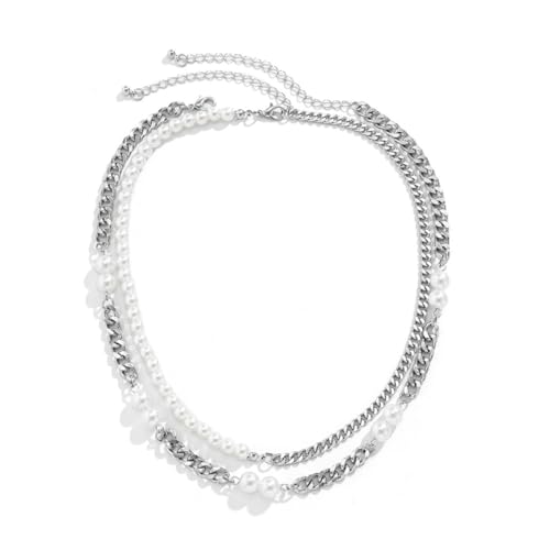 Caiduoduo Mehrschichtige silberfarbene Halskette Halskette Perlen Imitation Perlen Perlen Charms Halskette für Schmuck Frauen Männer Kragen Party Geschenk von Caiduoduo