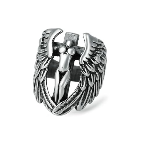 Caiduoduo Mode Punk Schutzengel Ring Biker Vintage Edelstahl Engel Flügel Ring Unisex Einzigartiges Amulett Schmuck Geschenk von Caiduoduo