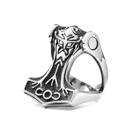 Caiduoduo Nordic Simple Schwarz Thor Hammer Ring Edelstahl Vintage Wikinger Amulett Ringe Mode Biker Amulett Schmuck Geschenk von Caiduoduo