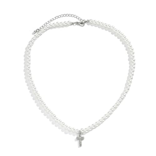 Caiduoduo Perlen Perlenkette mit glänzenden Strass Kreuz Anhänger Halskette MännerWeiß Perlen Halsband Modeschmuck Männlich von Caiduoduo