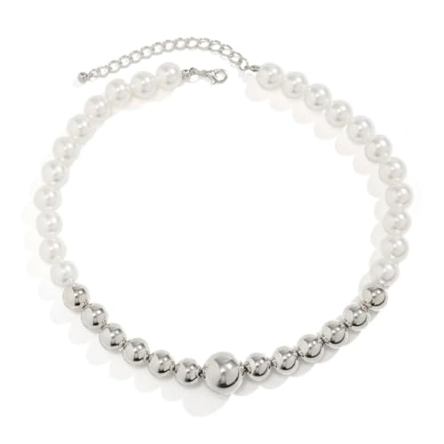 Caiduoduo Punk Imitation Perle Spleißen CCB Perlen Choker Halskette für Frauen Männer Vintage SilverColor Kurze Halskette Party Geschenk von Caiduoduo