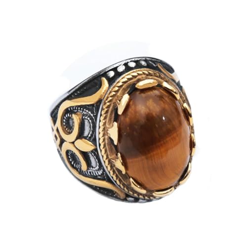 Caiduoduo Punk Vintage Tigerauge Ring Unisex Edelstahl Mode Gravur Edelstein Ring Schmuck von Caiduoduo