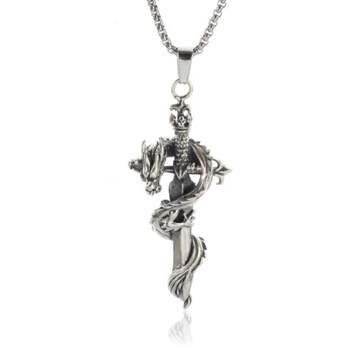 Caiduoduo Retro Dominanteering Dragon Coiled Cross Schwert Anhänger Halskette Geeignet für Herren personalisiertes Punk Schmuck Geschenk von Caiduoduo