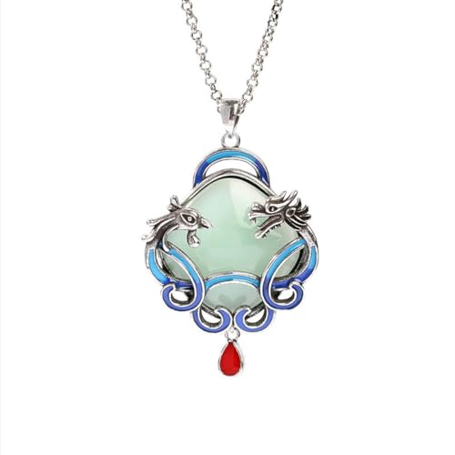 Caiduoduo Retro Halskette Silber Drache und Phönix Glückverheißende Imitation Jade Schlüsselbein Kette Frauen von Caiduoduo