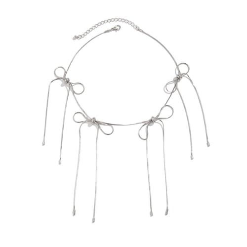 Caiduoduo Silberfarbene Schlangenkette Handgemachte gewebte Bowknot Halskette für Frauen Quaste Choker Schmuck Party Hochzeit von Caiduoduo