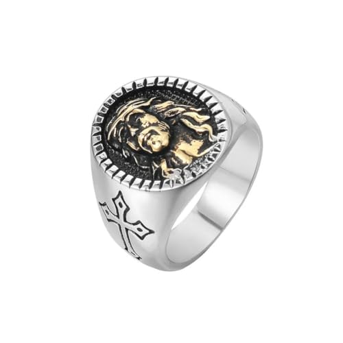Caiduoduo Vintage Edelstahl Jesus Kreuz Ring Silber Farbe Biker Sigent Ring Punk Hip Hop Für Männer Frauen Christliche Schmuck von Caiduoduo