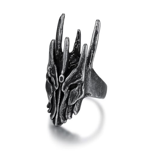 Caiduoduo Vintage Schwarzer Helm von Sauron Edelstahl Ring für Männer Punk Gothic Drachenringe für Männer Party Schmuck von Caiduoduo