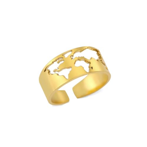 Caiduoduo Weltkarte Herren Damen Offene Ringe Edelstahl Verstellbare Hohlringe Fashion Traveler Schmuck von Caiduoduo