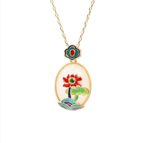 Schlüsselbein Kette Imitation Jade Lotus Halskette Damen Retro Schmuck ovaler Anhänger von Caiduoduo
