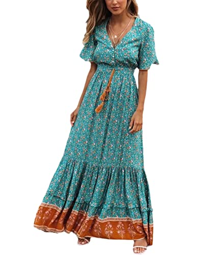 Caige Damen Kurzarm V-Neck Boho Kleid Blumen Smocked Rüschen Maxi Kleid mit Gürtel,Grün,M von Caige