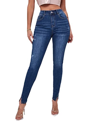 Hohe Taille Skinny Jeans für Frauen Stretch Danke Distressed Denim Hose Beinschlitz,Blau,L von Caige