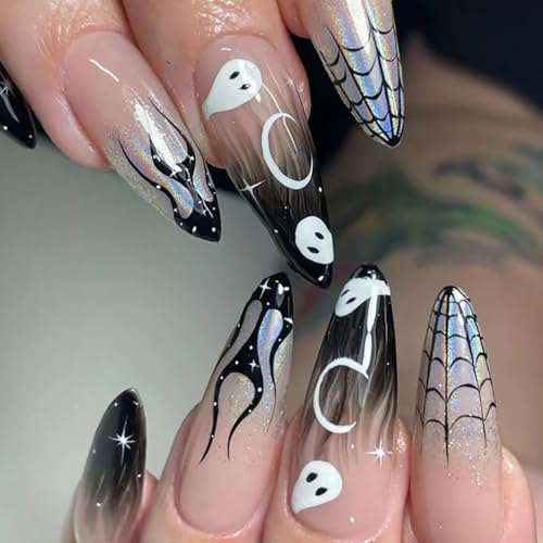 Caiguoer 24 Stück Cobweb Halloween Falsche Nägel Geist dunkle lange Nägel Druck auf Nägeln für Frauen und Mädchen von Caiguoer
