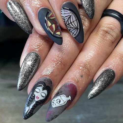 Caiguoer 24 Stück Cobweb Halloween Falsche Nägel Süß Cool Mädchen Dunkle lange künstliche Nägel auf Nägeln für Frauen und Mädchen von Caiguoer