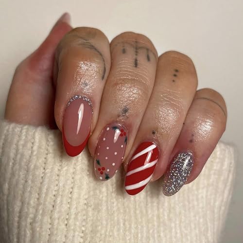 Caiguoer 24 Stück Weihnachten Falsche Nägel Rot Kurz Oval Falsche Nägel Schneeflocke Glitter Druck auf Nägeln für Frauen (A) von Caiguoer