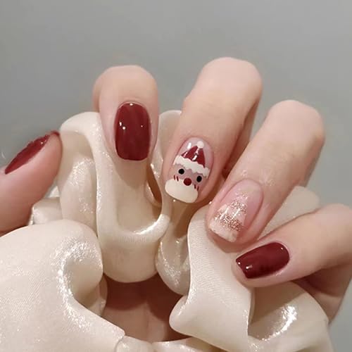 Caiguoer 24 Stück Weihnachten Falsche Nägel Rot Kurz Quadrat Falsche Nägel Santa Schneeflocke Elk Press auf Nägeln für Frauen (D) von Caiguoer