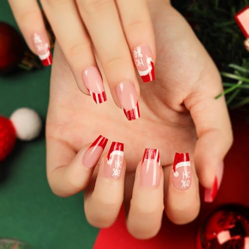 Caiguoer 24 Stück Weihnachten Falsche Nägel Rot Kurz Quadrat Falsche Nägel Santa Schneeflocke Elk Press auf den Nägeln für Frauen (A) von Caiguoer