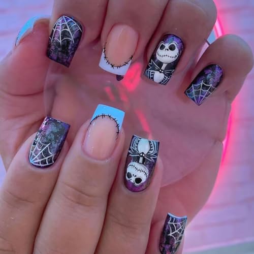 Caiguoer 24Pcs Ghost Cobweb Halloween Falsche Nägel Quadratische Kurze Falsche Nägel Nageldruck Für Frauen Und Mädchen (B, 1) von Caiguoer