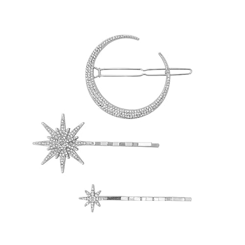 Caiguoer 3 Stück Gold/Silber Moon Star Hair Clip Set Haarschmuck Hochzeit Schneeflocke Kristall Hut Hochzeit Haarschmuck für Frauen und Mädchen (Silber) von Caiguoer