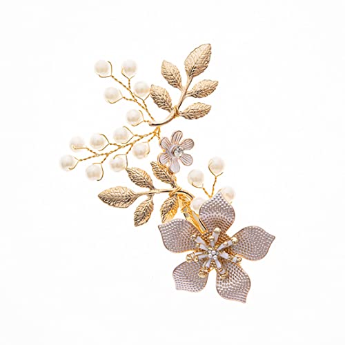 Caiguoer Goldfarbene Braut-Blumen-Haar-Accessoires, Perlenkristall-Kopfschmuck, Hochzeits-Haarnadeln, Braut-Haarteil für Damen und Mädchen von Caiguoer