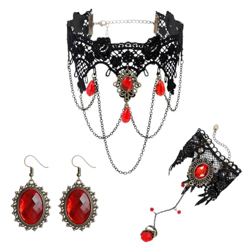 Caiguoer Gothic Halskette Ohrringe Armband Set Schwarz und Rot Choker Halskette Halloween Vampir Zubehör für Frauen, Einheitsgröße, Acryl von Caiguoer