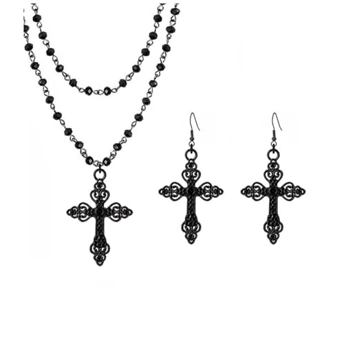 Caiguoer Gothic Kreuz Halskette und Ohrringe Set Schwarz Kruzifix Choker Halskette Halloween Schmuck für Frauen, Einheitsgröße, Acryl von Caiguoer