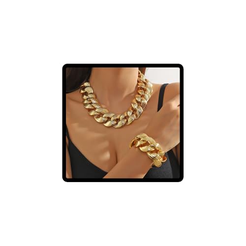 Caiguoer 2-stück Punk Halskette Set, Massiv Gold, Kubanische Kette, Damen von Caiguoer